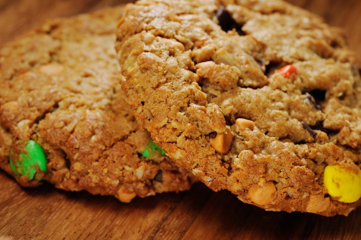 A flourless treat made with peanut butter, oats, butterscotch, chocolate chunks and M&M's